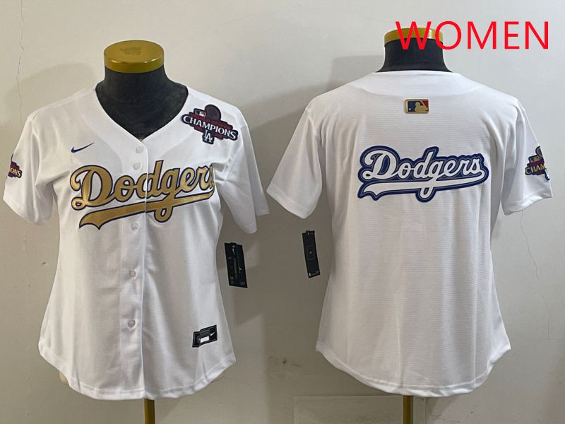 Women Los Angeles Dodgers Blank White Champion gold character 2025 Nike MLB Jersey style 14->women mlb jersey->Women Jersey